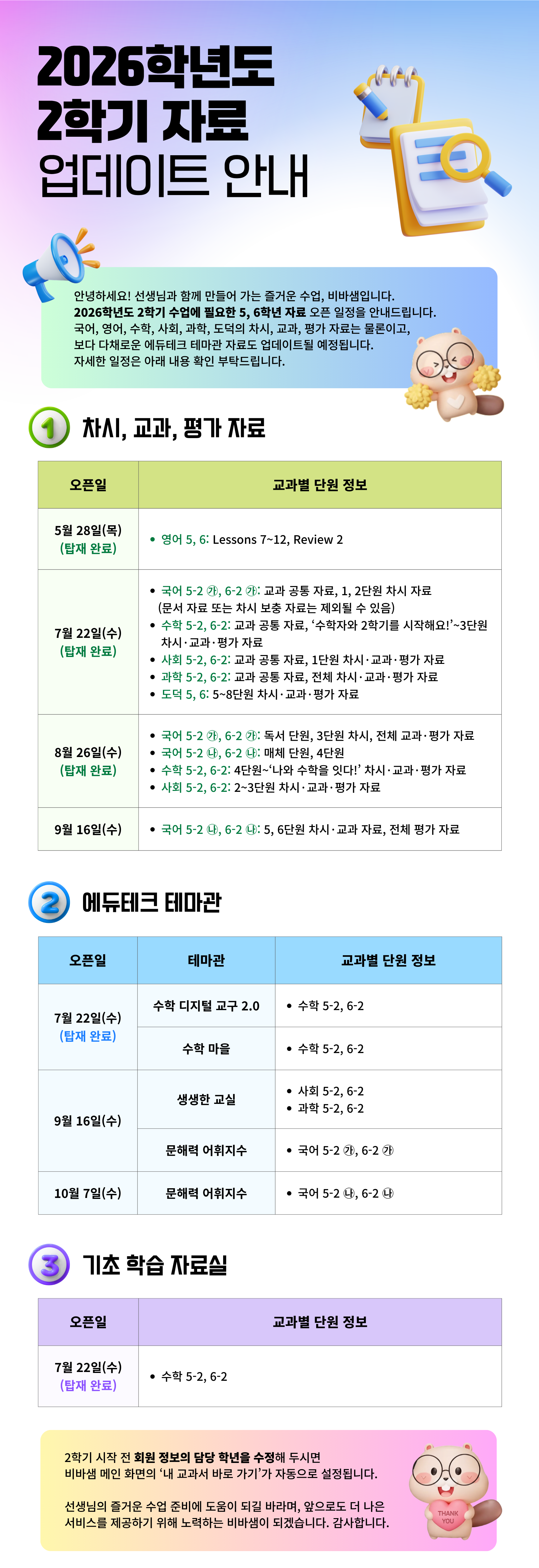 2026학년도 2학기 자료 업데이트 안내, 5-2, 6-2 자료 오픈 일정 안내, 국어, 영어, 수학, 사회, 과학, 도덕의 차시·교과·평가 자료, 에듀테크 테마관 자료, 기초 학습 자료실